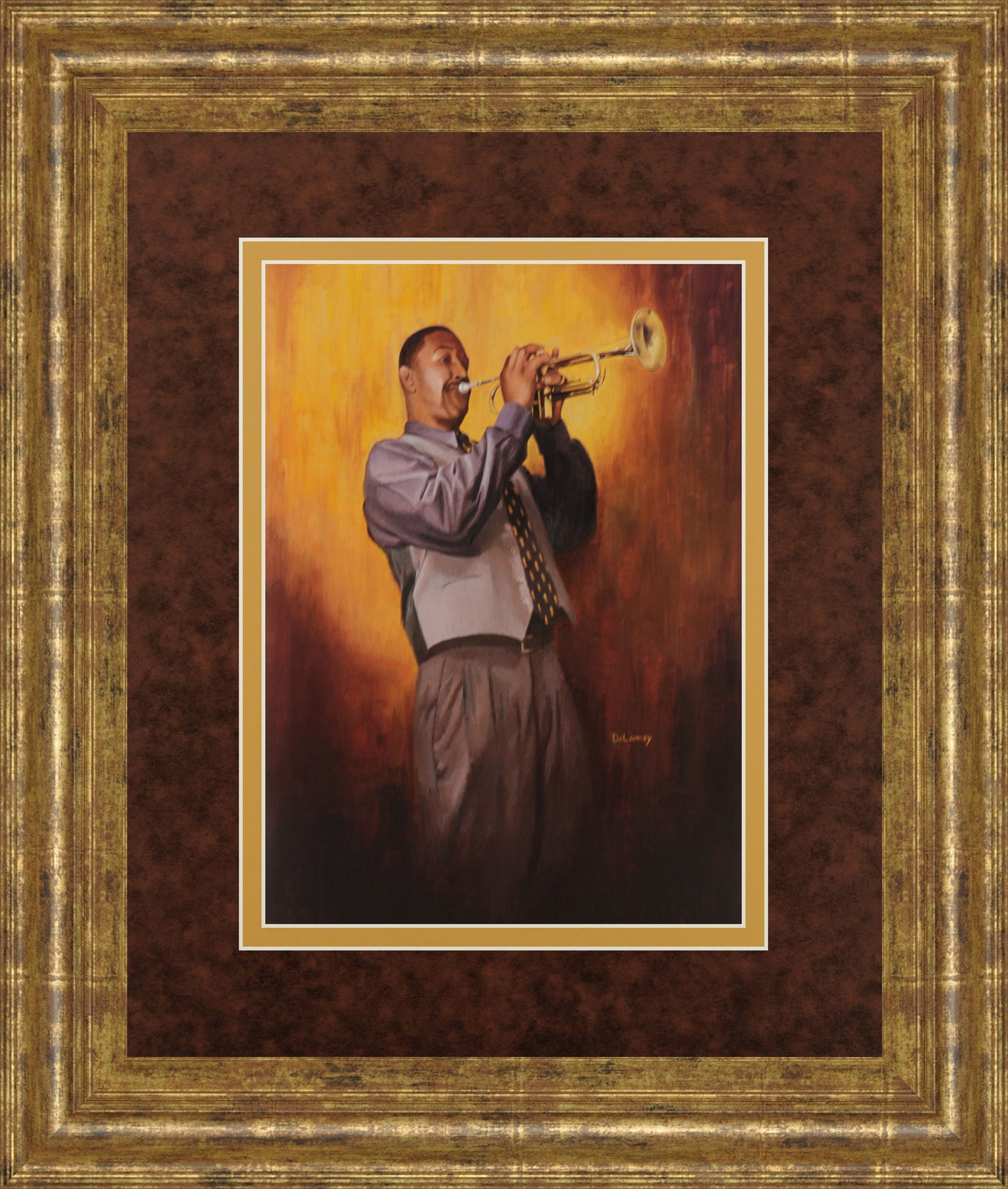 Trumpet Man By Delancy - Framed Print Wall Art - Yellow