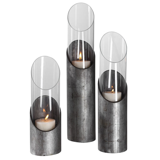 Karter - Iron & Glass Candleholders (Set of 3) - Pearl Silver & Dark Gray