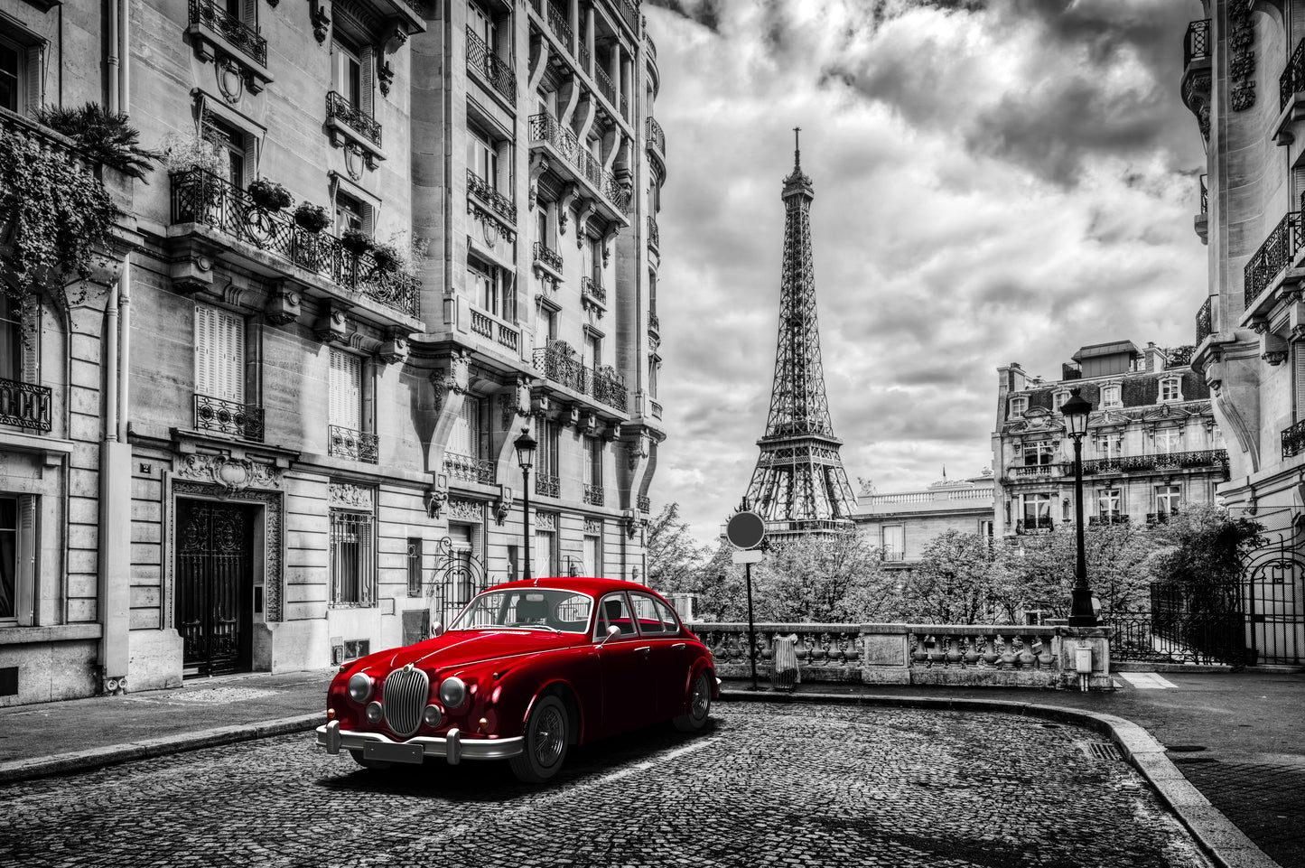 Framed - Red Car In Paris - Dark Gray