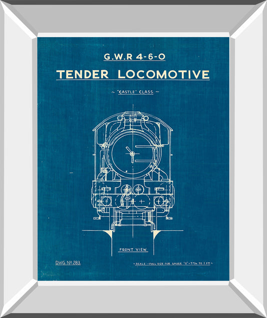 Locomotive Blueprint II By Wild Apple Portfolio - Mirror Framed Print Wall Art - Blue