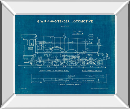 Locomotive Blueprint I By Wild Apple Portfolio - Mirror Framed Print Wall Art - Blue